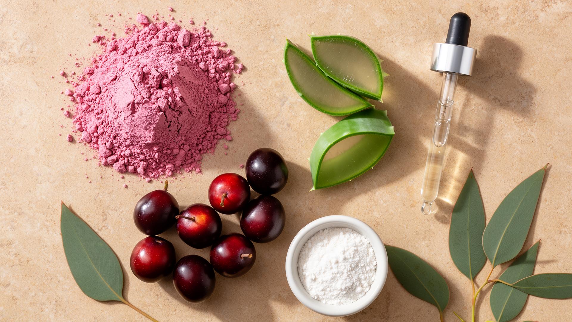 Flat lay of Australian skincare ingredients: pink clay, kakadu plums, aloe vera, vitamin C and serum dropper