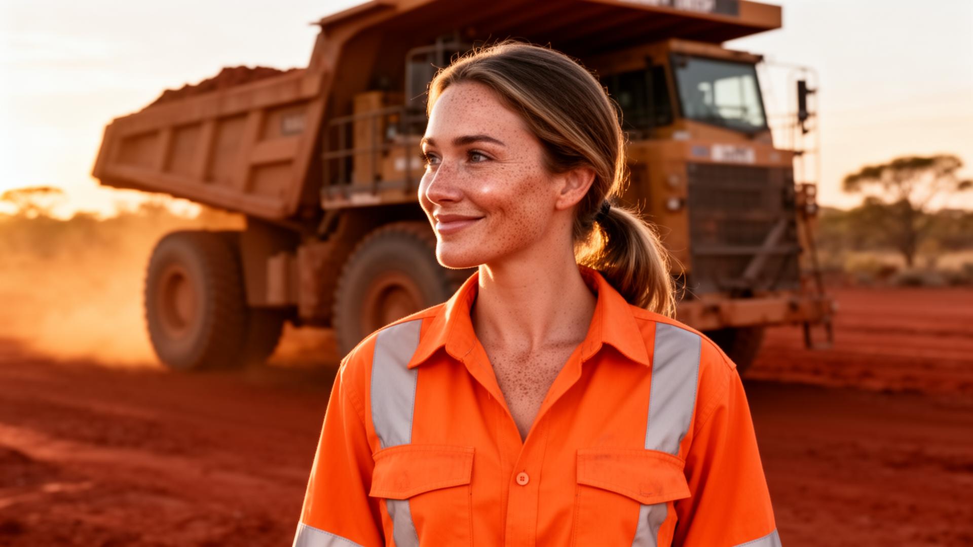 Australian woman miner in hi-vis holding a Grit to Glow skincare bottle at sunset